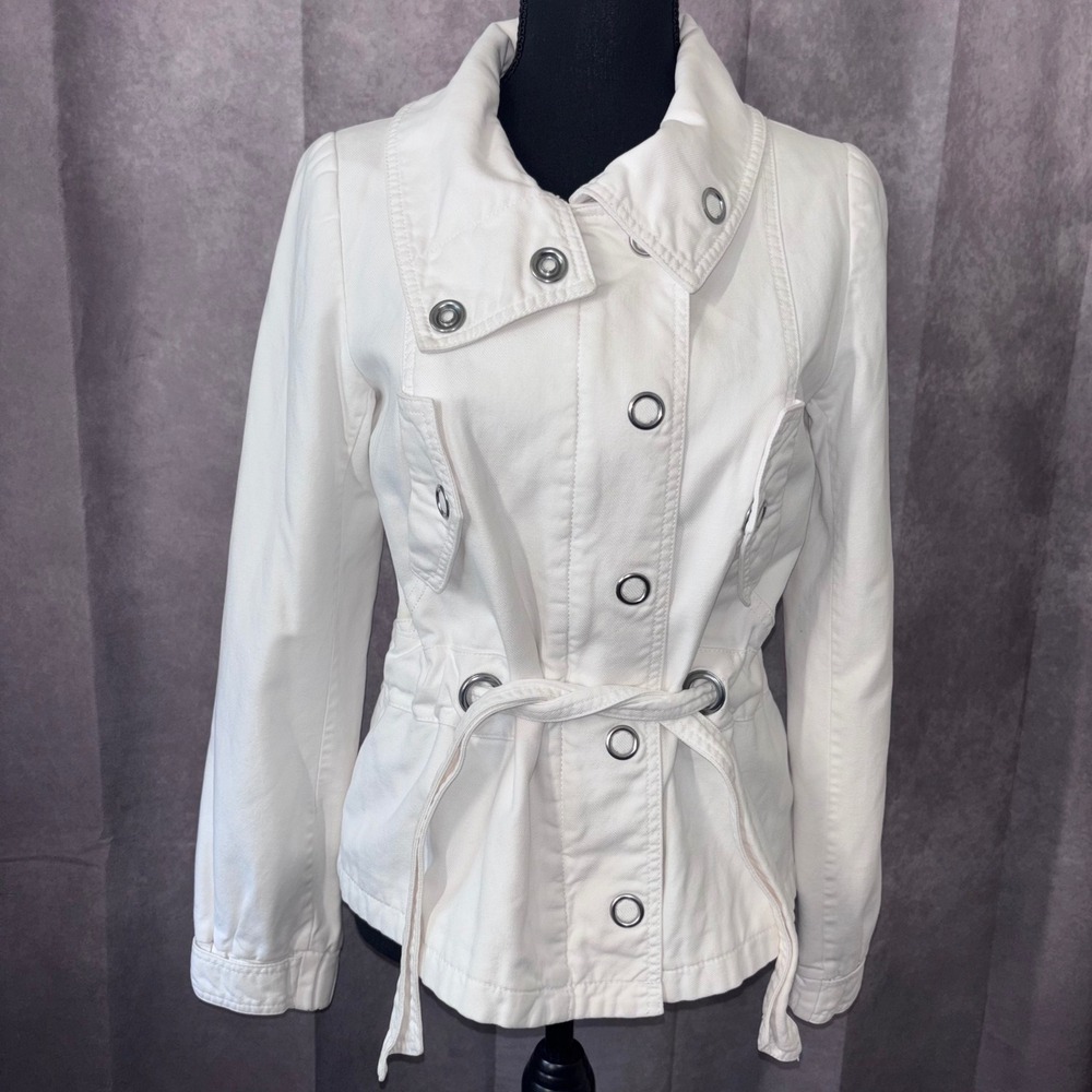 H&M White Denim Biker Utilitarian Military Cinch Cool Chic Jacket Women Size 4